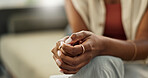 Woman, hands and closeup on therapy sofa mental health anxiety, support or empathy consultation. Indian female person, fingers and professional stress advice or trust psychology, thinking or sad help