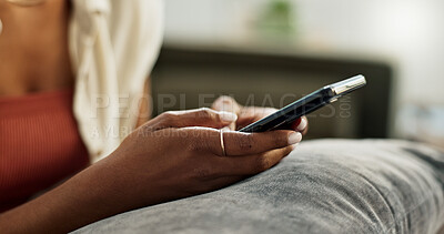 Hands, woman and typing on smartphone in home, reading social media notification and update digital subscription. Closeup, cellphone app and download mobile games, search online network and contact