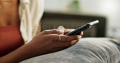 Buy stock photo Hands, woman and typing on smartphone in home, reading social media notification and update digital subscription. Closeup, cellphone app and download mobile games, search online network and contact 