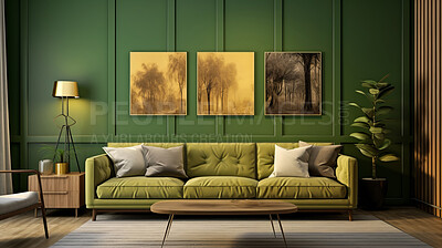 Buy stock photo Green living room sofa design with decor. Modern interior layout idea concept