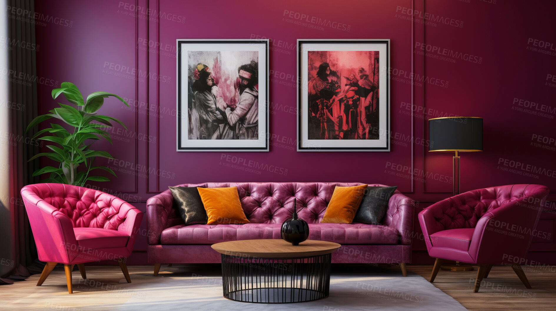 Buy stock photo Pink living room sofa design with decor. Modern interior layout idea concept