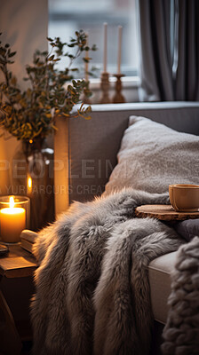 Buy stock photo Reading corner design with decor. Modern interior layout idea concept