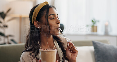 Buy stock photo Woman, eating ice cream and sofa in house, thinking or idea for dessert, sweets or relax in living room. Girl, gelato or frozen yogurt for snack, lounge couch and home with memory, choice or decision