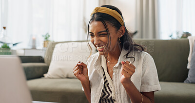 Buy stock photo Woman, winner and celebration with laptop in home living room on floor for smile, success or profit on stock market. Trader girl, investor and cheers by computer for goals, bonus or fist for revenue