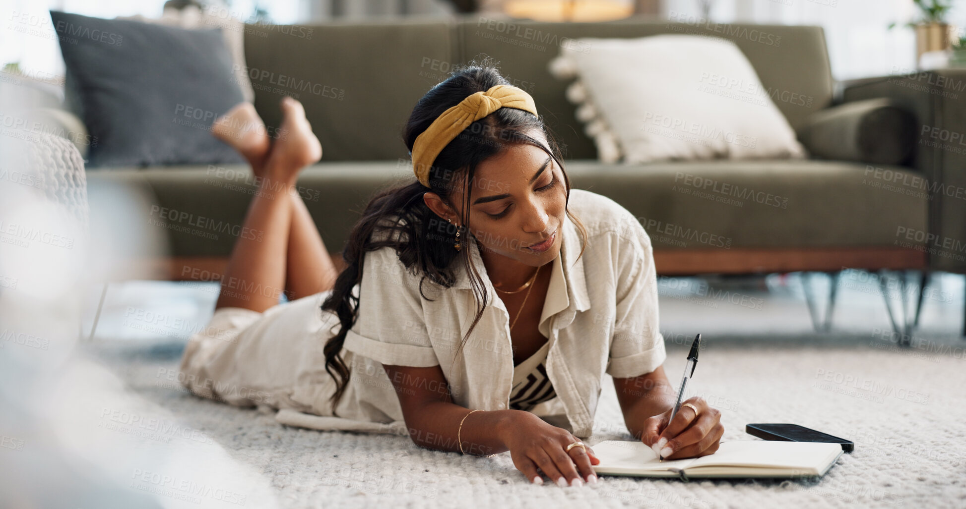 Buy stock photo Woman, writing and home with notes in living room for planning a schedule and checklist. Book, learning and thinking of a female freelancer doing remote work with ideas in a journal with a list