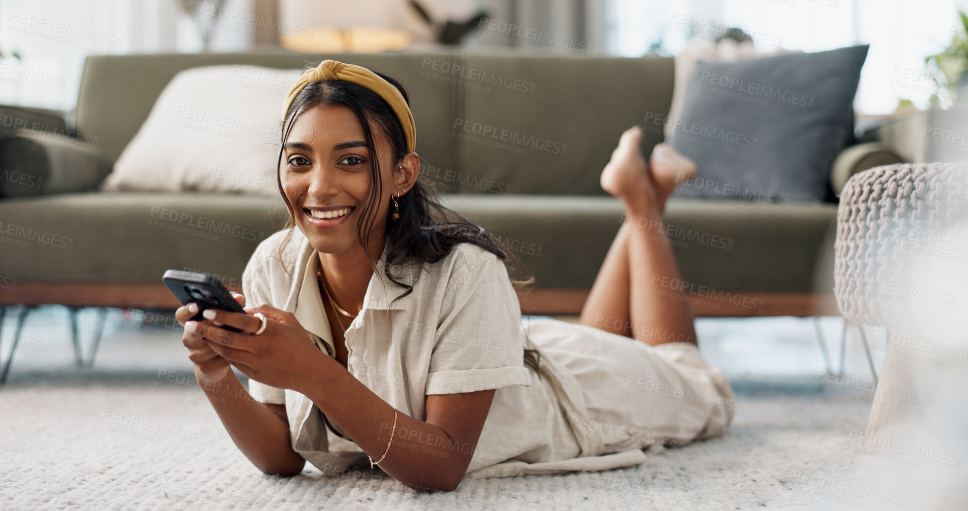 Buy stock photo Woman, phone or portrait with lying on floor for communication, typing or social media scroll in living room of home. Indian, face or smartphone on ground for chat, texting or technology and internet