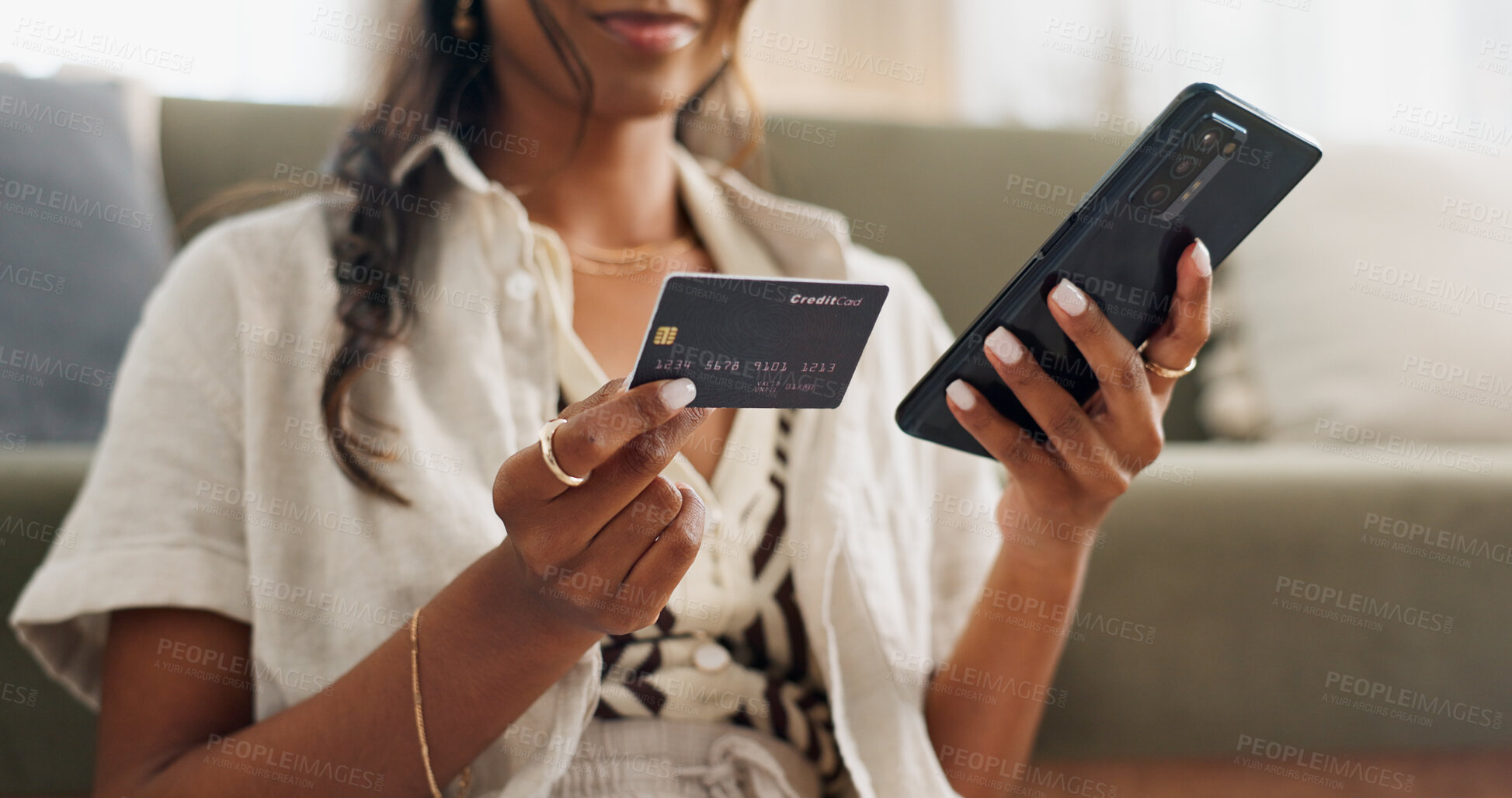 Buy stock photo Woman, hands and phone with credit card for online shopping, payment or transaction in living room at home. Closeup of female person or shopper on mobile smartphone with debit for ecommerce at house