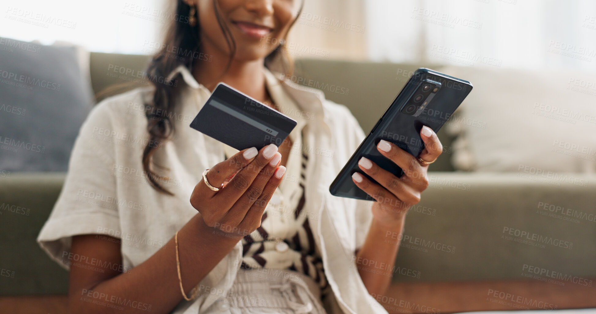 Buy stock photo Happy woman, hands and phone with credit card for online shopping, payment or transaction in living room at home. Closeup of female person or shopper on mobile smartphone with debit for ecommerce