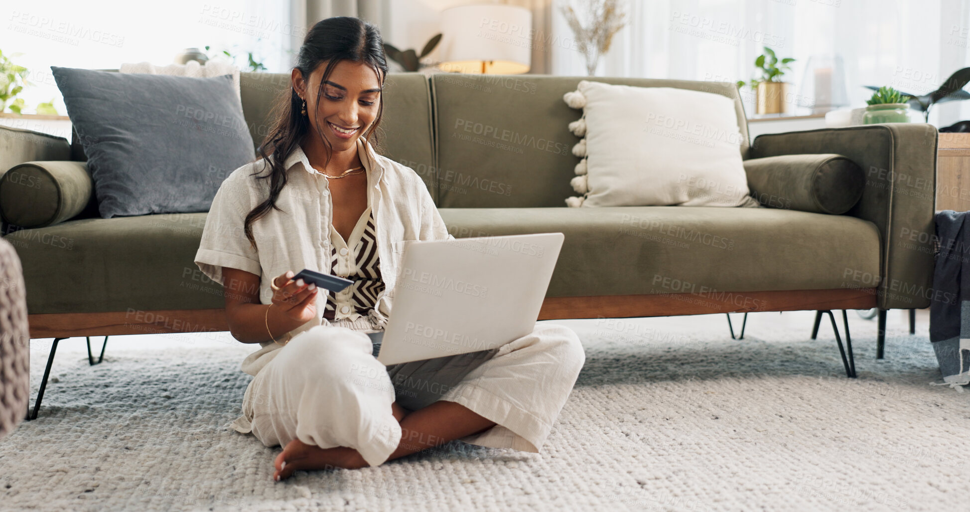 Buy stock photo Woman, laptop and credit card for home online shopping, fintech payment and e commerce on living room floor. Young person typing on computer for internet banking, web subscription or loan on carpet
