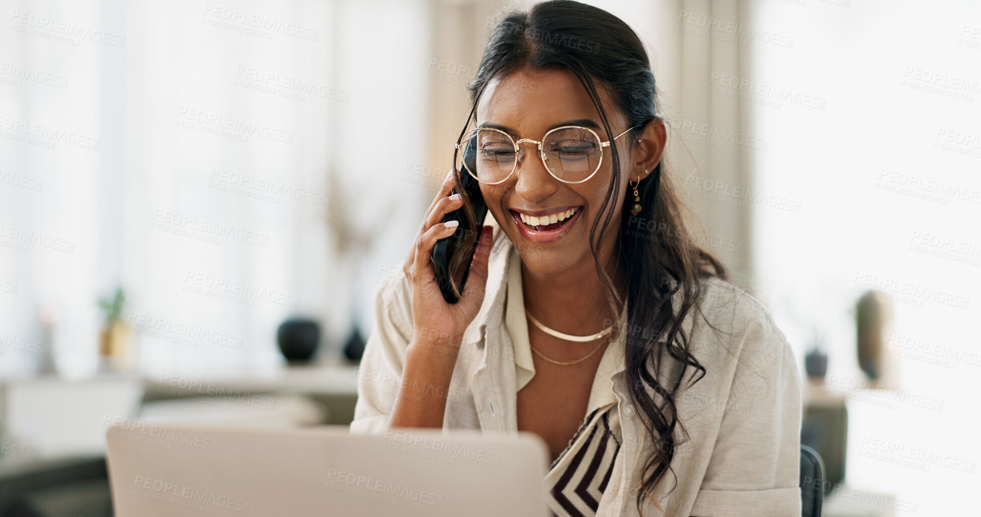 Buy stock photo Woman, work from home and phone call with laptop for communication, online planning and happy networking. Professional freelancer talking on mobile and computer for marketing, chat or client feedback