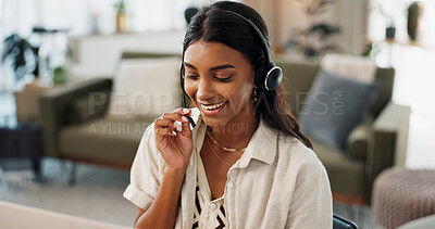 Buy stock photo Happy woman, call center and headphones in customer service, support or telemarketing at home office. Face of female person, consultant or freelance agent smile in remote work, online advice or help