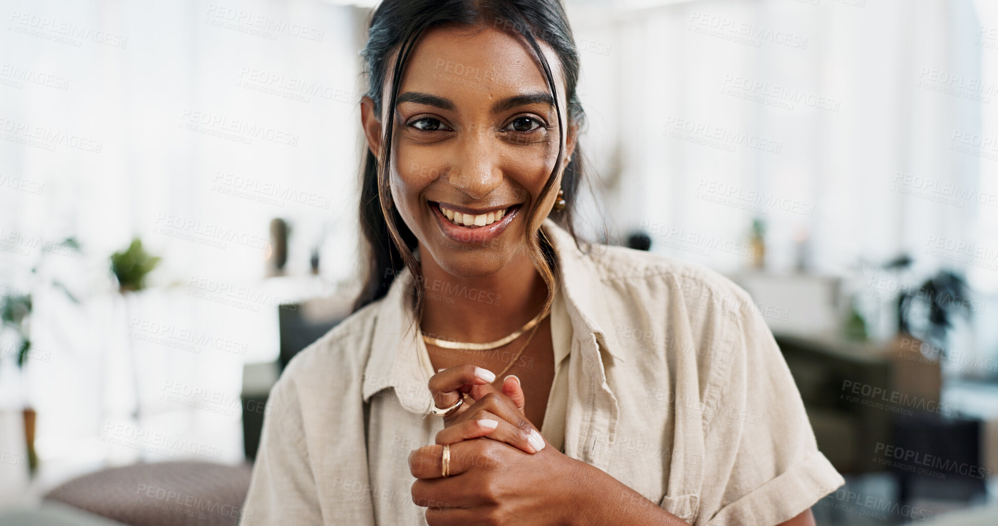 Buy stock photo Woman, happy portrait or video call in living room with gen z aesthetic, natural and relaxed for live stream vlog. Indian girl, beauty face or influencer with casual fashion, relax or hands at home
