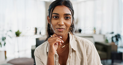 Buy stock photo Portrait, smile and Indian woman in a living room for remote work, break or relax in her home. Happy, face and calm female freelance chilling in a lounge with good mood, confidence and chilling