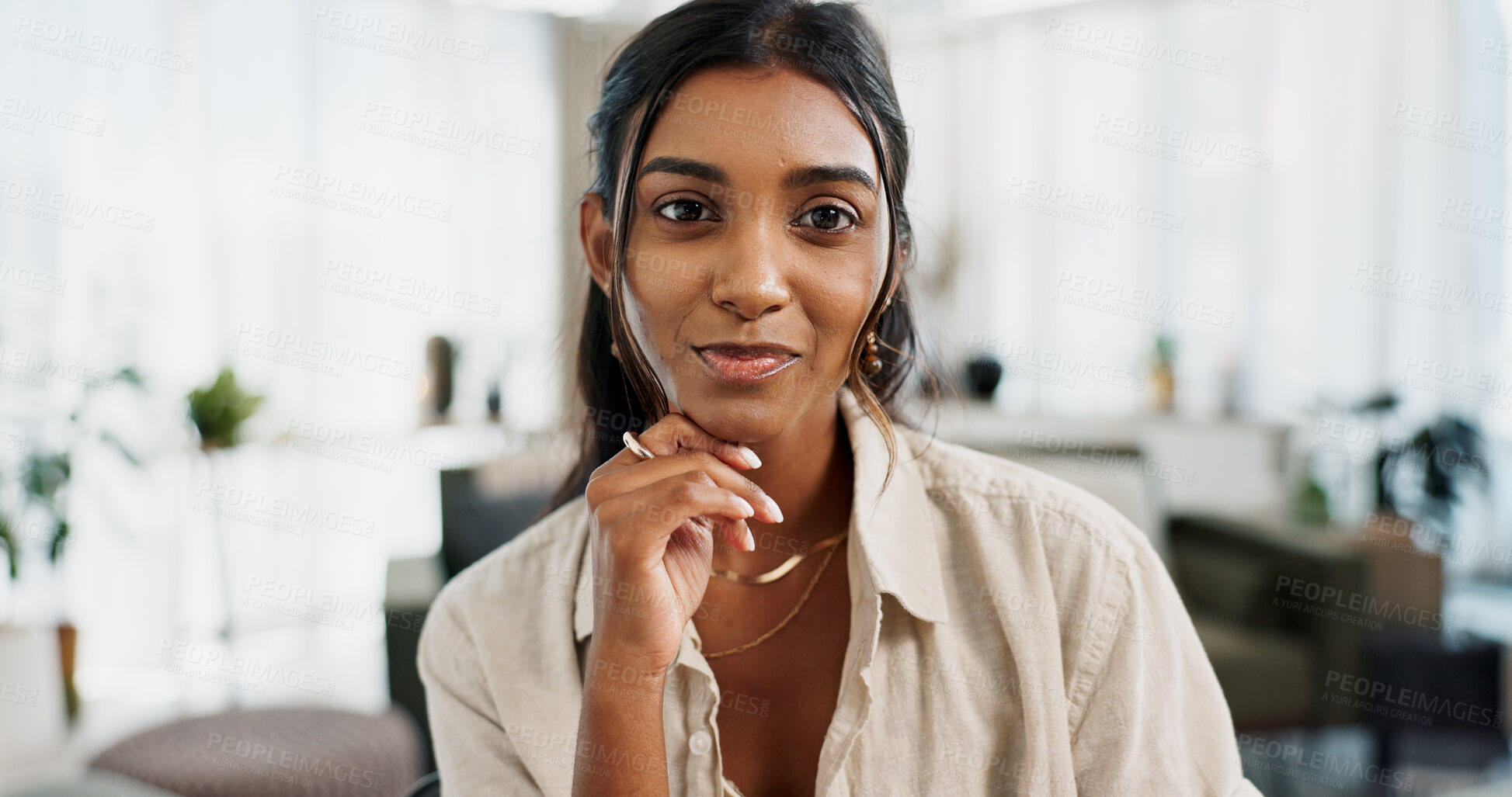 Buy stock photo Portrait, smile and Indian woman in a living room for remote work, break or relax in her home. Happy, face and calm female freelance chilling in a lounge with good mood, confidence and chilling