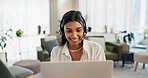Happy woman, call center and headphones on laptop in customer service, support or telemarketing at home office. Face of female person, consultant or freelance agent in remote work for online advice