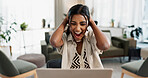 Excited woman, laptop and surprise for winning, bonus promotion or good news at home office. Shocked female person or freelancer smile in wow or omg for lottery, prize or sale discount on promo deal