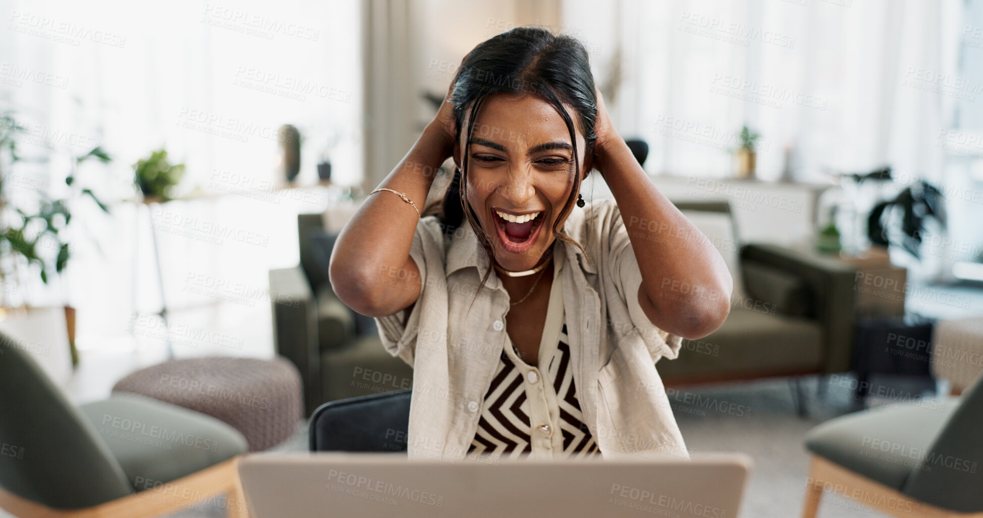 Buy stock photo Excited woman, laptop and surprise for winning, bonus promotion or good news at home office. Shocked female person or freelancer smile in wow or omg for lottery, prize or sale discount on promo deal
