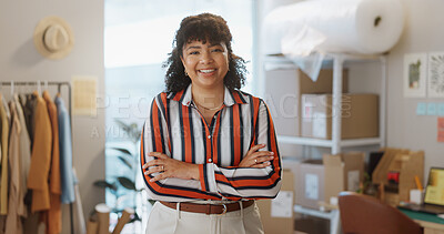 Buy stock photo Portrait, happy woman and fashion designer with arms crossed in boutique, clothes store or startup. Confidence, tailor and business professional, entrepreneur or creative worker smile in South Africa