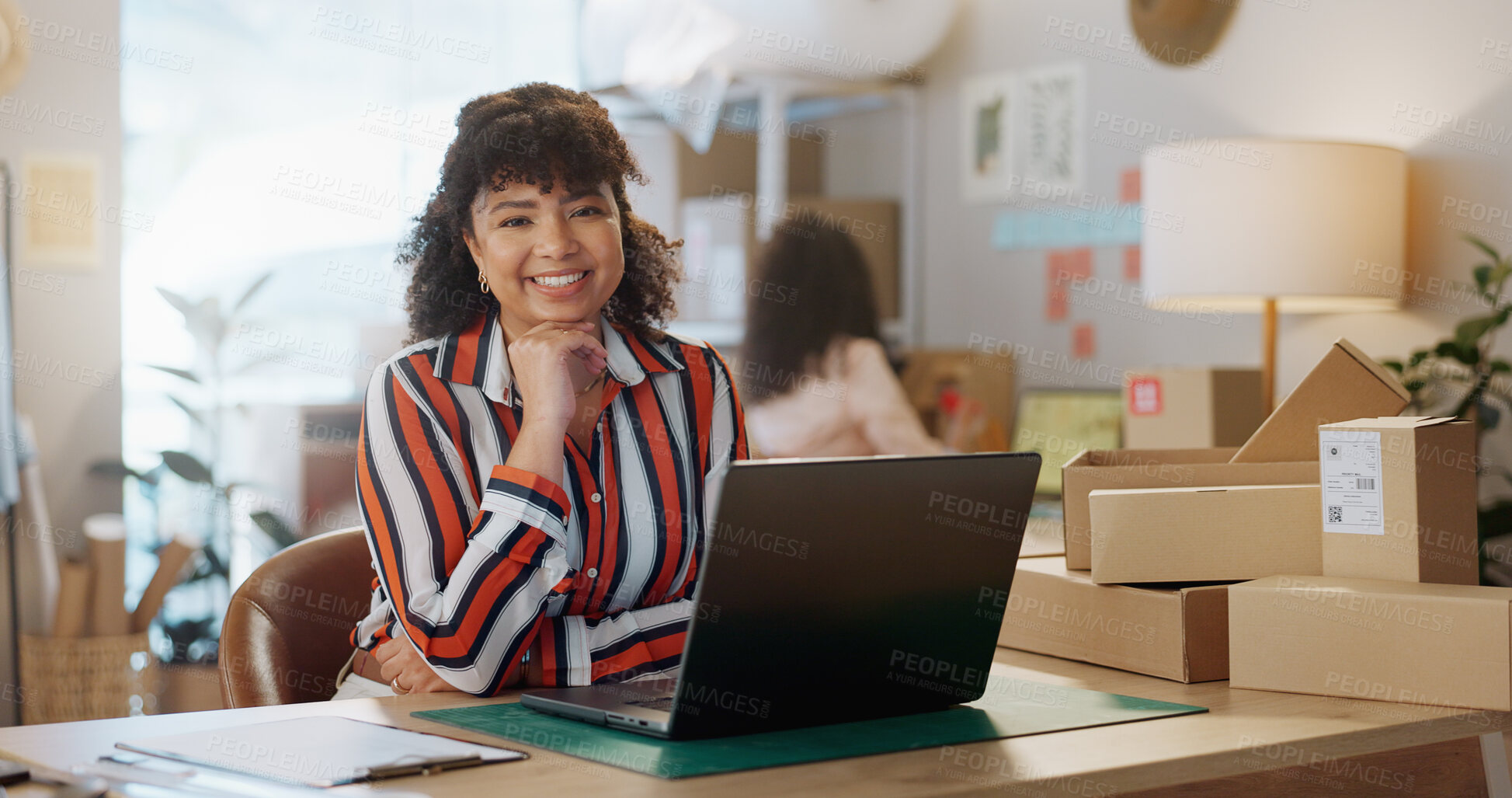 Buy stock photo Small business, portrait and happy woman with laptop in office for logistics, sales or ecommerce. Supply chain, face and female store owner online for communication, cargo or retail stock procurement