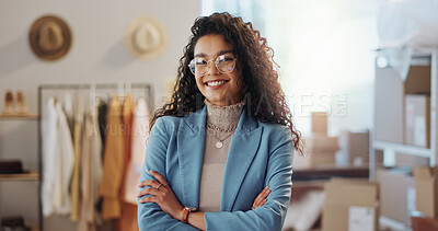 Buy stock photo Portrait, happy woman and fashion designer with arms crossed in clothes store or startup. Confidence, face of tailor and business professional, entrepreneur and creative worker in glasses in Brazil