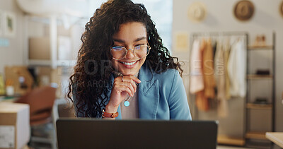 Buy stock photo Smile, thinking and woman with a laptop, ecommerce and connection with startup, email notification and planning. Person, entrepreneur or employee with a pc, brainstorming and online reading with info
