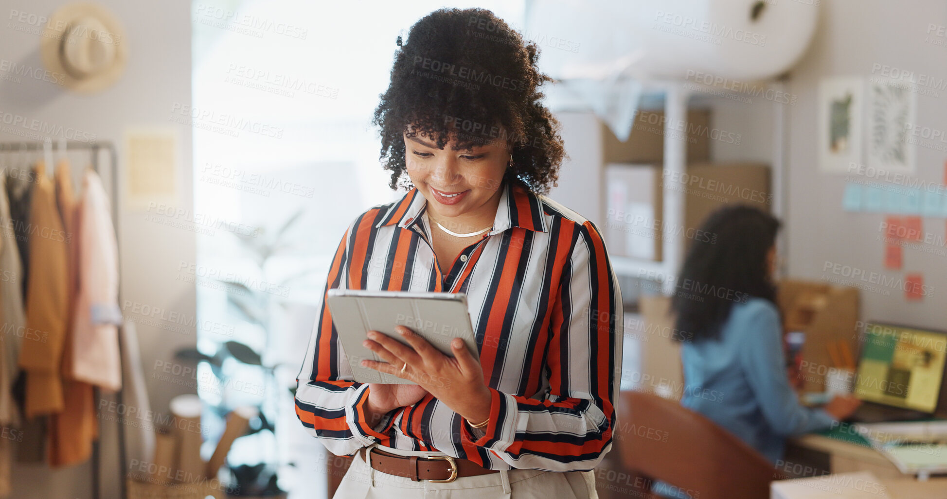 Buy stock photo Happy woman, fashion designer and tablet in research, logistics or small business communication at boutique. Female person or employee smile on technology for online search or supply chain in retail