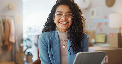 Buy stock photo Happy woman, portrait and tablet in logistics, small business or fashion at boutique shop. Female person or entrepreneur smile with technology, boxes or stock for supply chain or ecommerce in retail