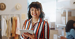 Portrait, boxes and woman with a tablet, ecommerce and smile with connection, internet and delivery. App, person or employee with tech, shipping and company website with online order or supply chain