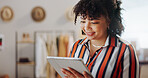 Startup, boxes and woman with a tablet, business and smile with connection, internet or delivery with sales. Internet, person or employee with ecommerce, shipping or company website with online order