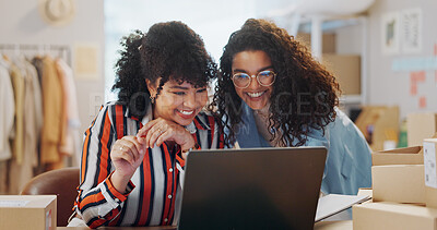 Buy stock photo Happy woman, fashion industry and smile with laptop for sales in office for retail business. Female entrepreneur, designer and excited for startup success with logistics by internet, web or app