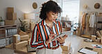 Tablet, small business and woman with supply chain logistics and order information for shipping. Home, entrepreneur and ecommerce of a female person with boxes for distribution and delivery of stock