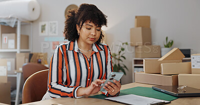 Buy stock photo Businesswoman, typing and communication on phone in office for fashion design startup, logistics and distribution. Entrepreneur, serious and unhappy look on face for delay in delivery of shipping 