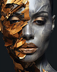 Portrait of female with abstract textured gold make-up style. Creative art for modern artist