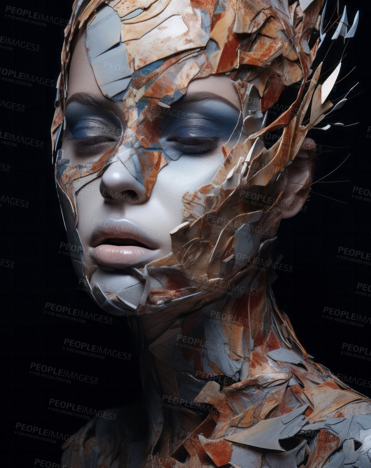 Buy stock photo Portrait of female with abstract textured make-up style. Creative art for modern artist