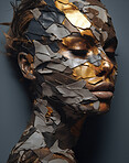 Portrait of female with abstract textured gold make-up style. Creative art for modern artist