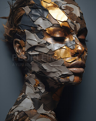 Portrait of female with abstract textured gold make-up style. Creative art for modern artist