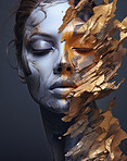 Portrait of female with abstract textured gold make-up style. Creative art for modern artist