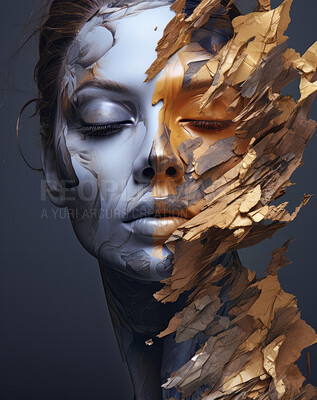 Buy stock photo Portrait of female with abstract textured gold make-up style. Creative art for modern artist