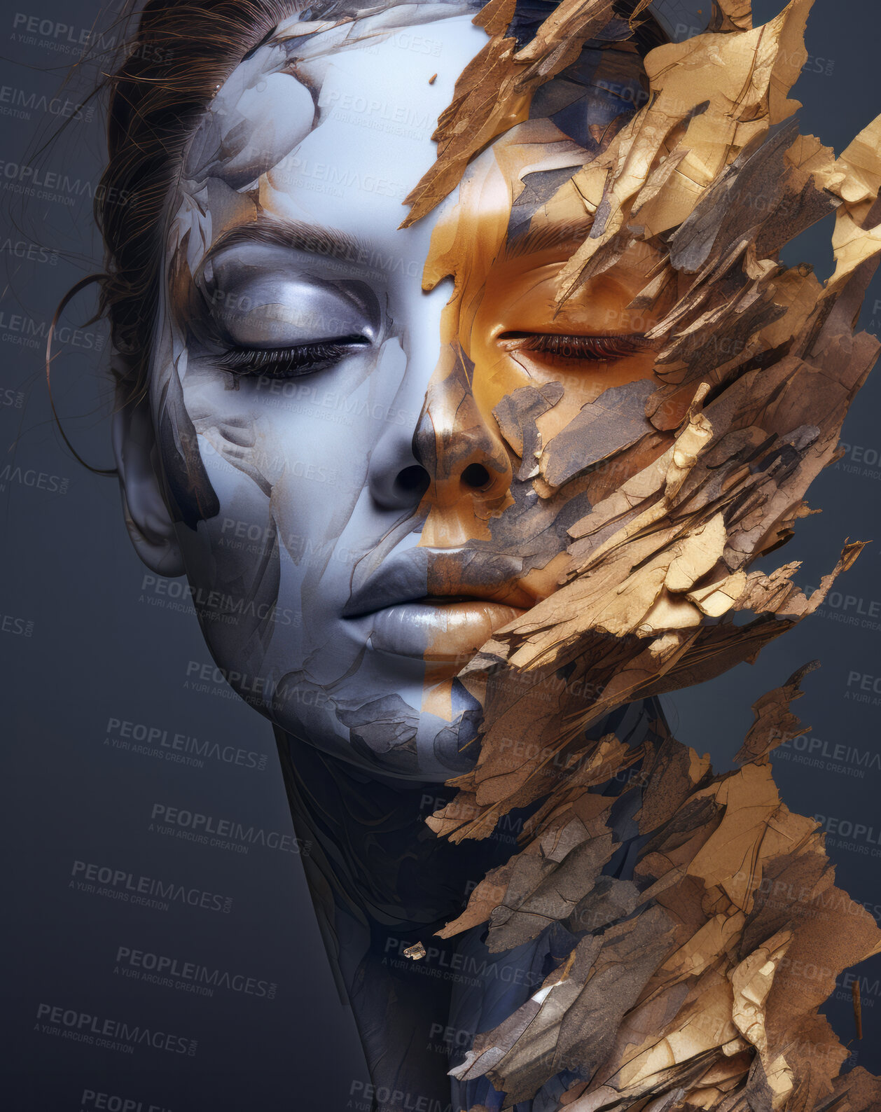 Buy stock photo Portrait of female with abstract textured gold make-up style. Creative art for modern artist