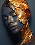 Portrait of female with abstract textured gold make-up style. Creative art for modern artist