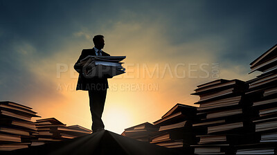 Overworked businessman sorting through piles of paper documents and work