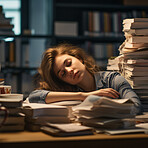 Exhausted woman in an office full of folders, documents and work. Mental Health concept