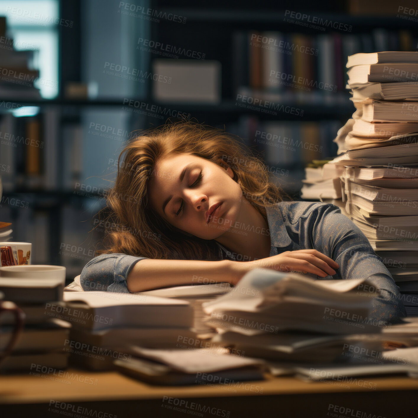 Buy stock photo Exhausted woman in an office full of folders, documents and work. Mental Health concept