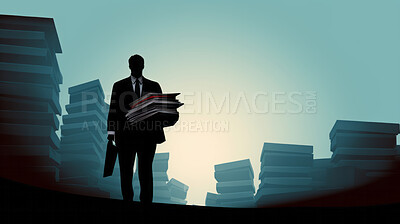Overworked businessman sorting through piles of paper documents and work