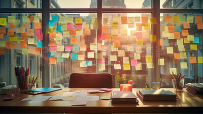 Bright and colorful post-its or sticky notes on a glass wall. For project planning and strategy