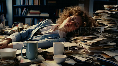 Exhausted woman in an office full of folders, documents and work. Mental Health concept