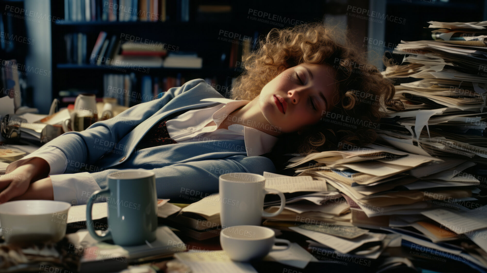 Buy stock photo Exhausted woman in an office full of folders, documents and work. Mental Health concept