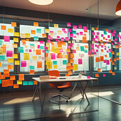 Bright and colorful post-its or sticky notes on a glass wall. For ...