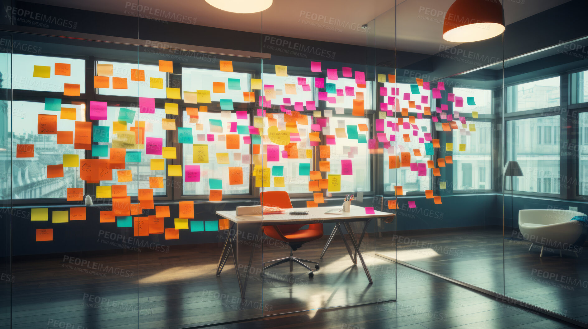 Buy stock photo Bright and colorful post-its or sticky notes on a glass wall. For project planning and strategy