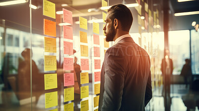 Business man looking and brainstorming with ideas on glass board and sticky note